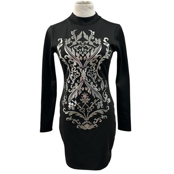 Forever 21 Black & Silver Metallic Filagree Long Sleeve Midi Dress - Size Medium - Picture 2 of 16